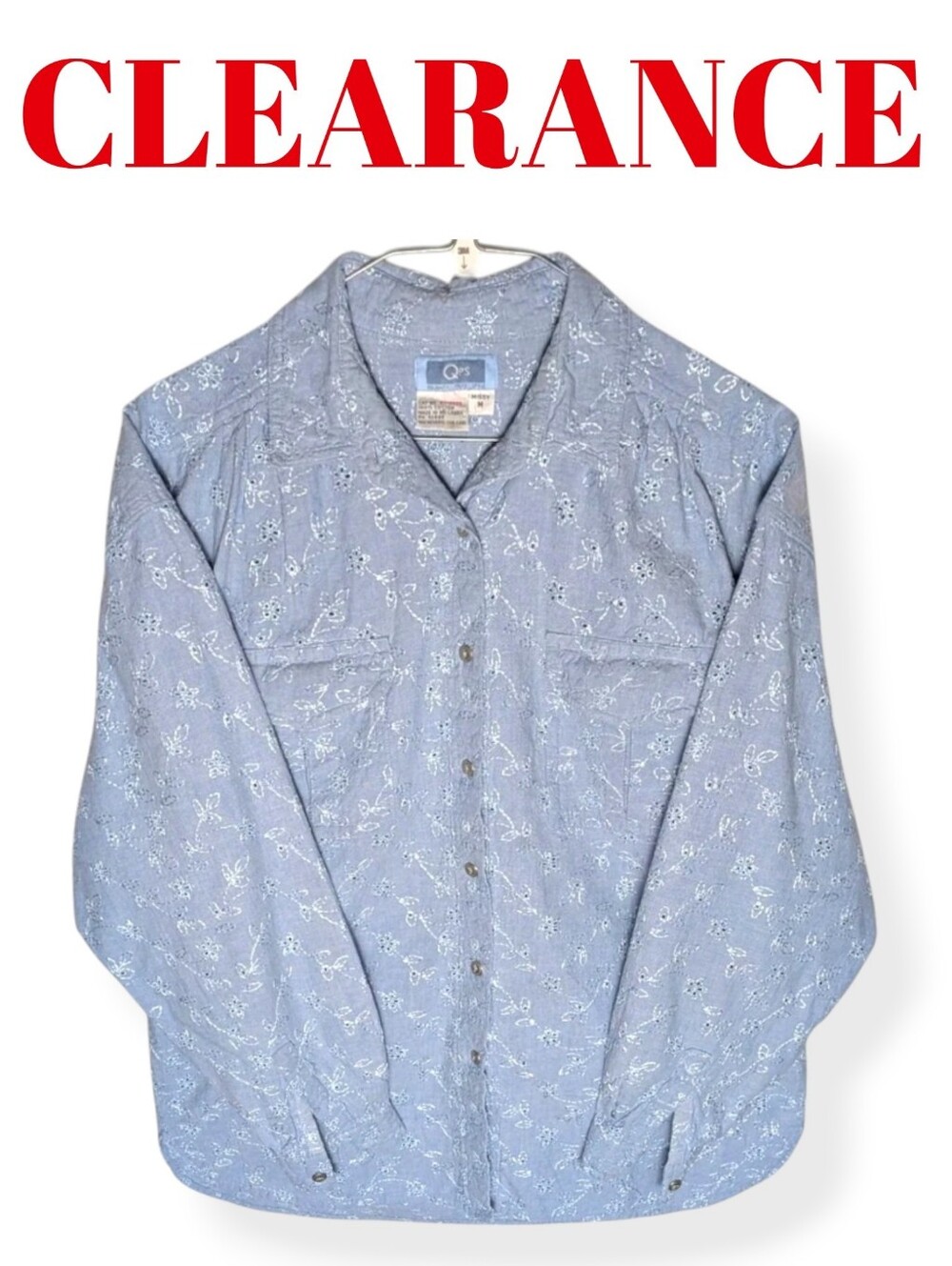 QPS Vintage Chambray Shirt Blue Long Sleeve Medium Embroidered Eyelet Button-Up